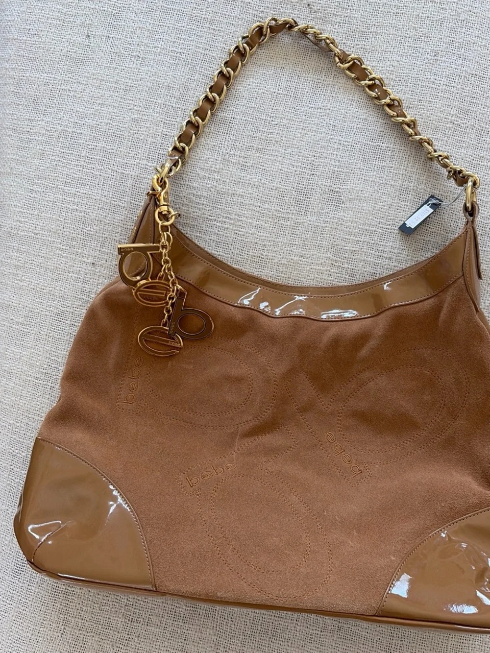 bebe Brown Suede & Patent Hobo with Gold Charm Chain